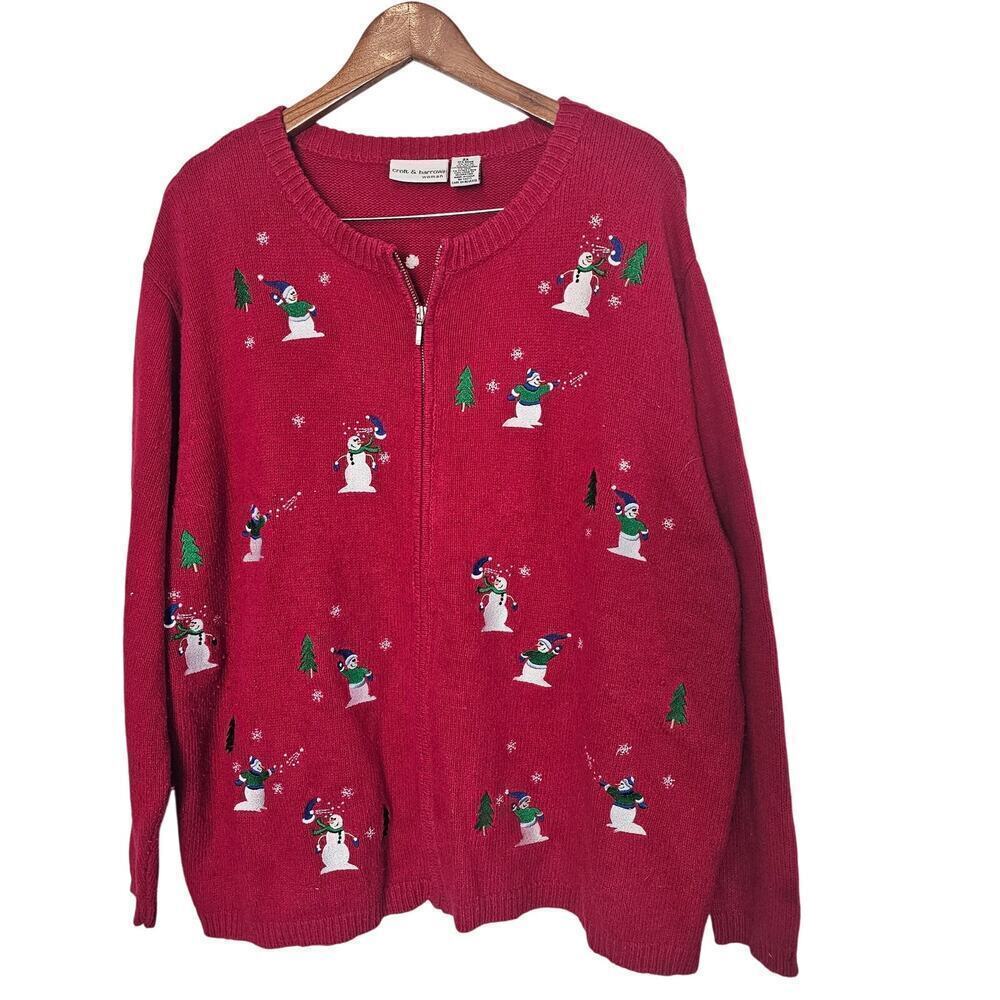 Vintage Christmas Cardigan Womens 2X Red Wool Zip Up Snowman Embroidered Granny